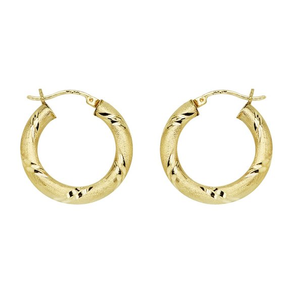 Satin Finish Diamond Cut Hoop Earrings 14K Yellow Gold - Picture 2 of 4